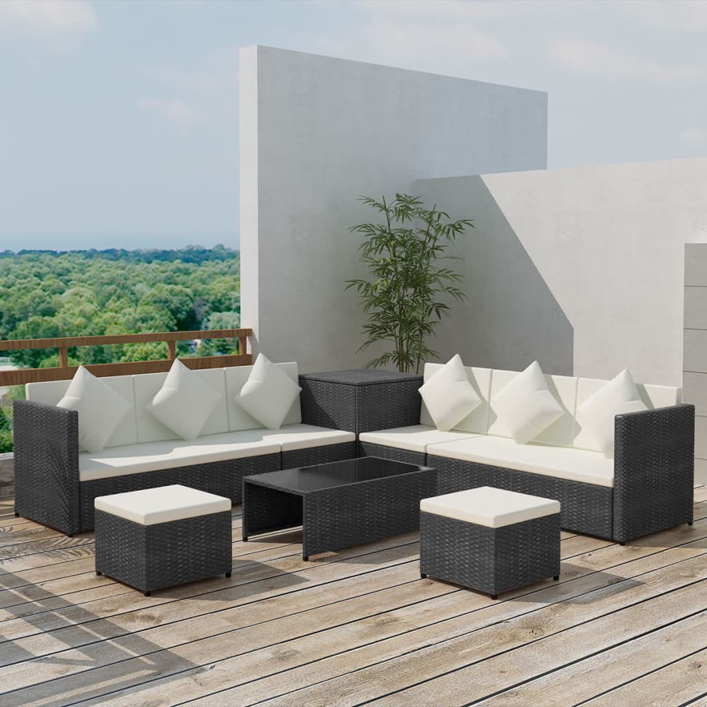 Garden furniture set with cushions, 8 pieces, black, polyrattan