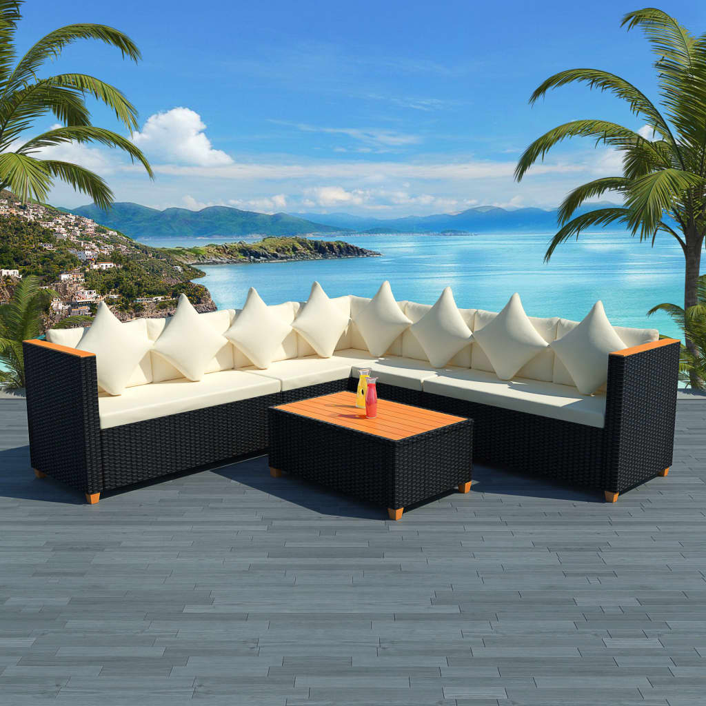 5-piece garden furniture set with cushions, black, polyrattan