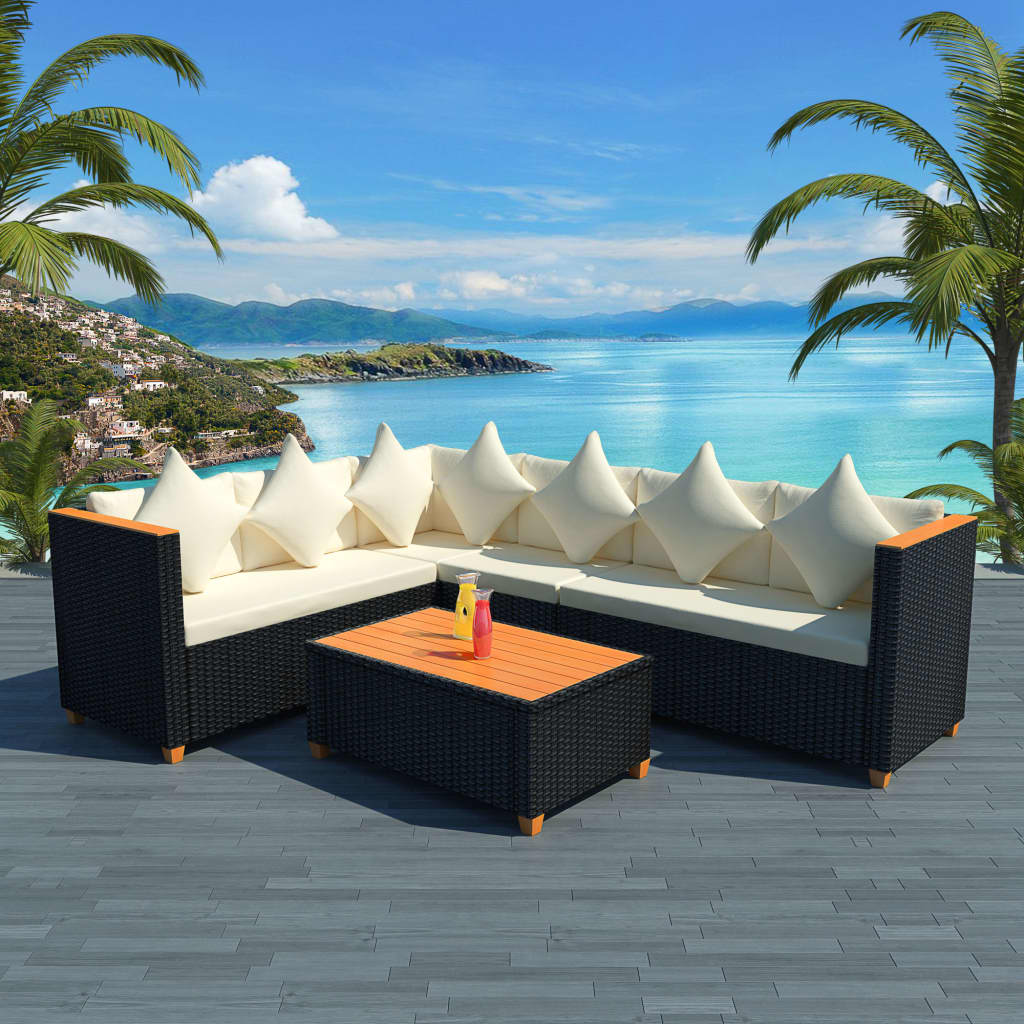 4-piece garden furniture set with cushions, black, polyrattan