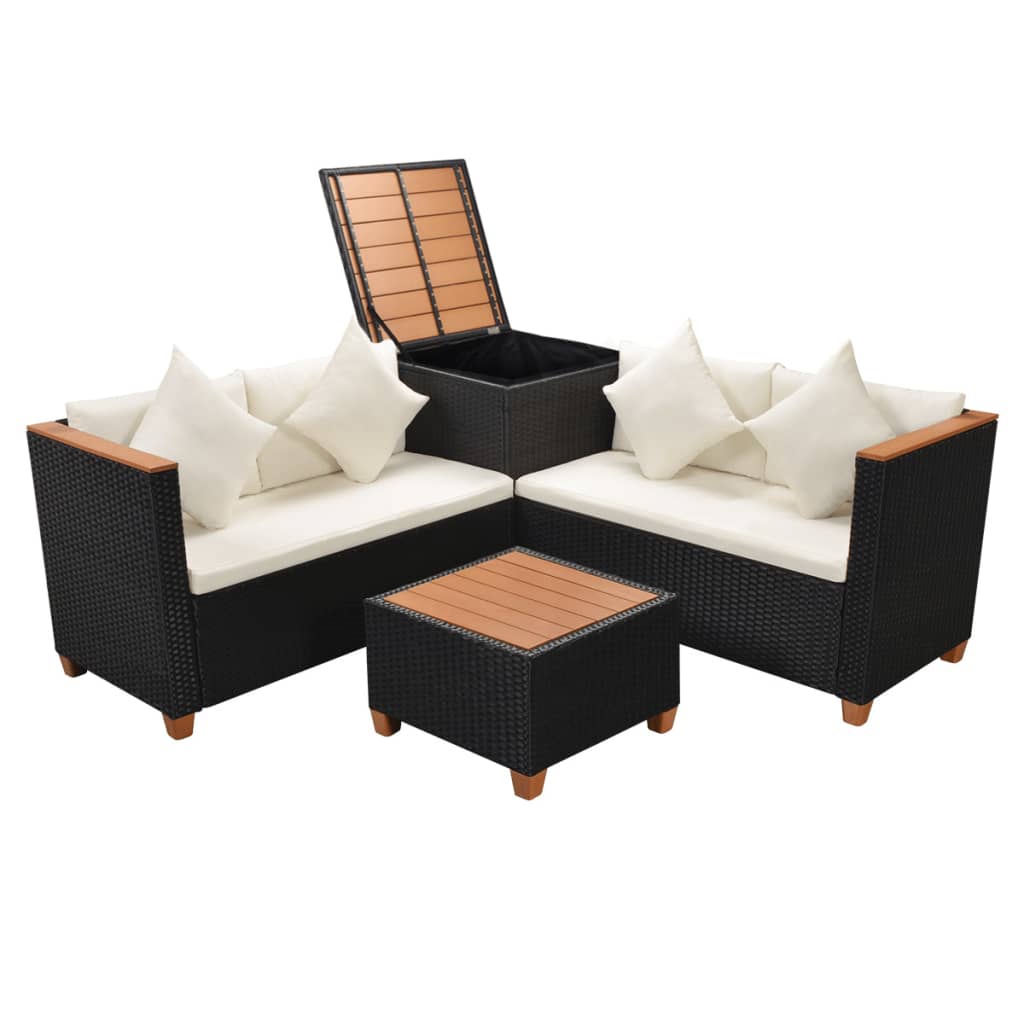 4-piece garden furniture set with cushions, black, polyrattan