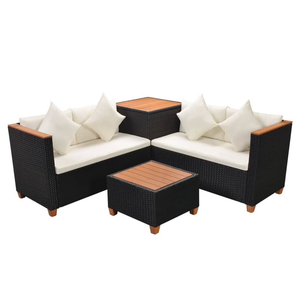 4-piece garden furniture set with cushions, black, polyrattan