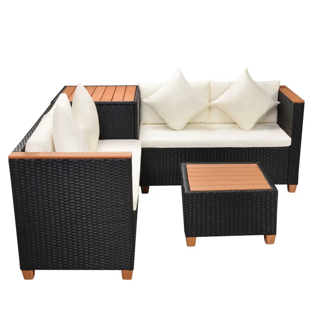 Set mobilier de grădină cu perne, 4 piese, negru, poliratan