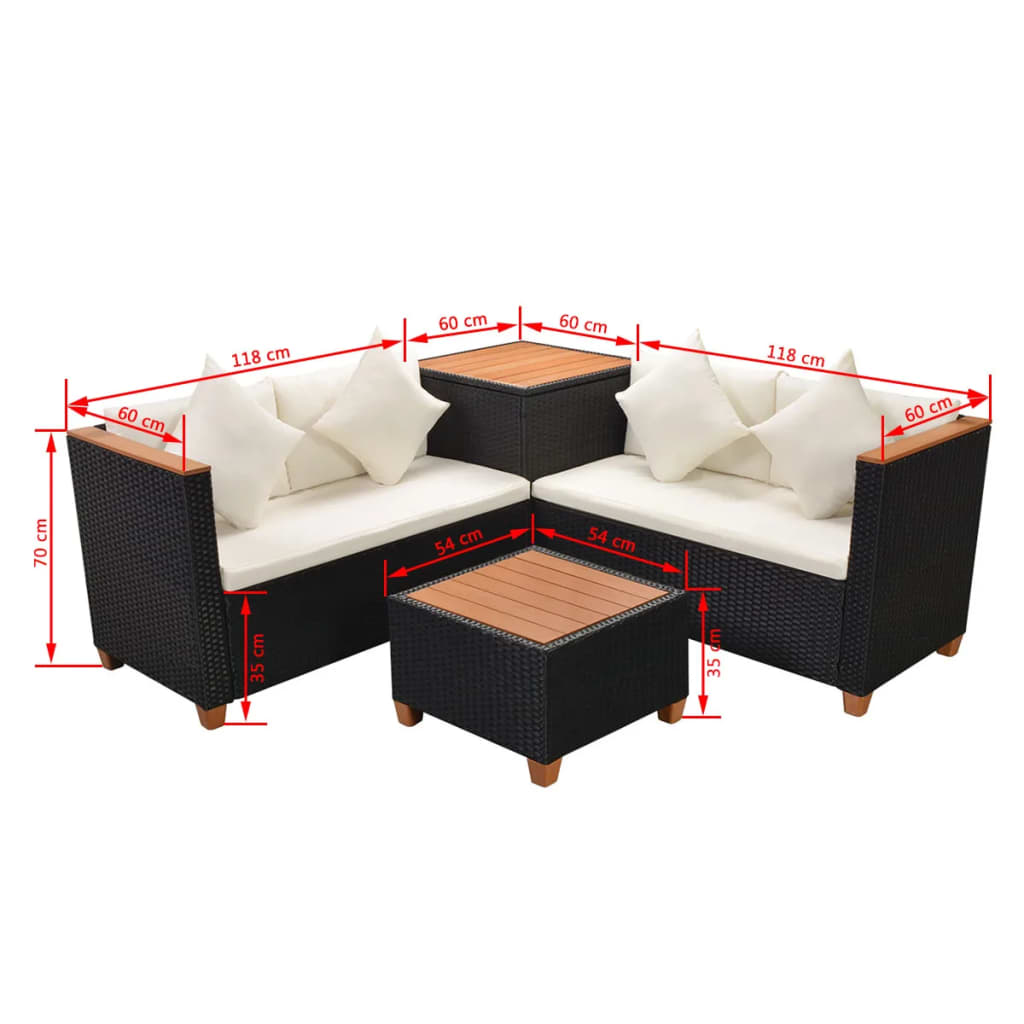 Set mobilier de grădină cu perne, 4 piese, negru, poliratan