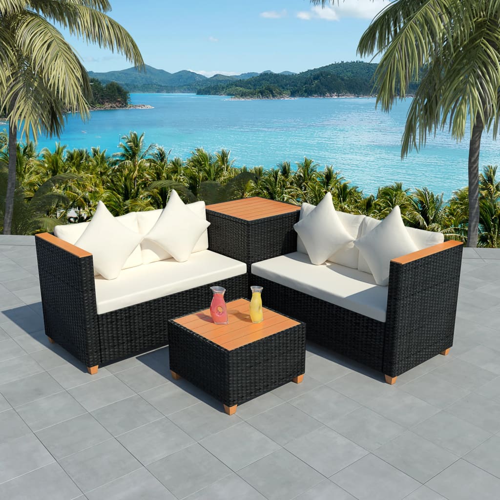 4-piece garden furniture set with cushions, black, polyrattan