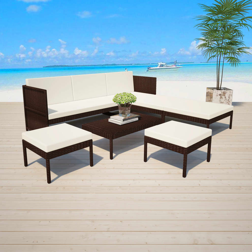 Garden furniture set with cushions, 6 pieces, brown, polyrattan