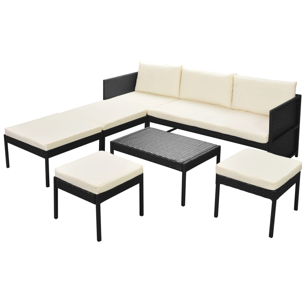 Garden furniture set with cushions, 6 pieces, black, polyrattan