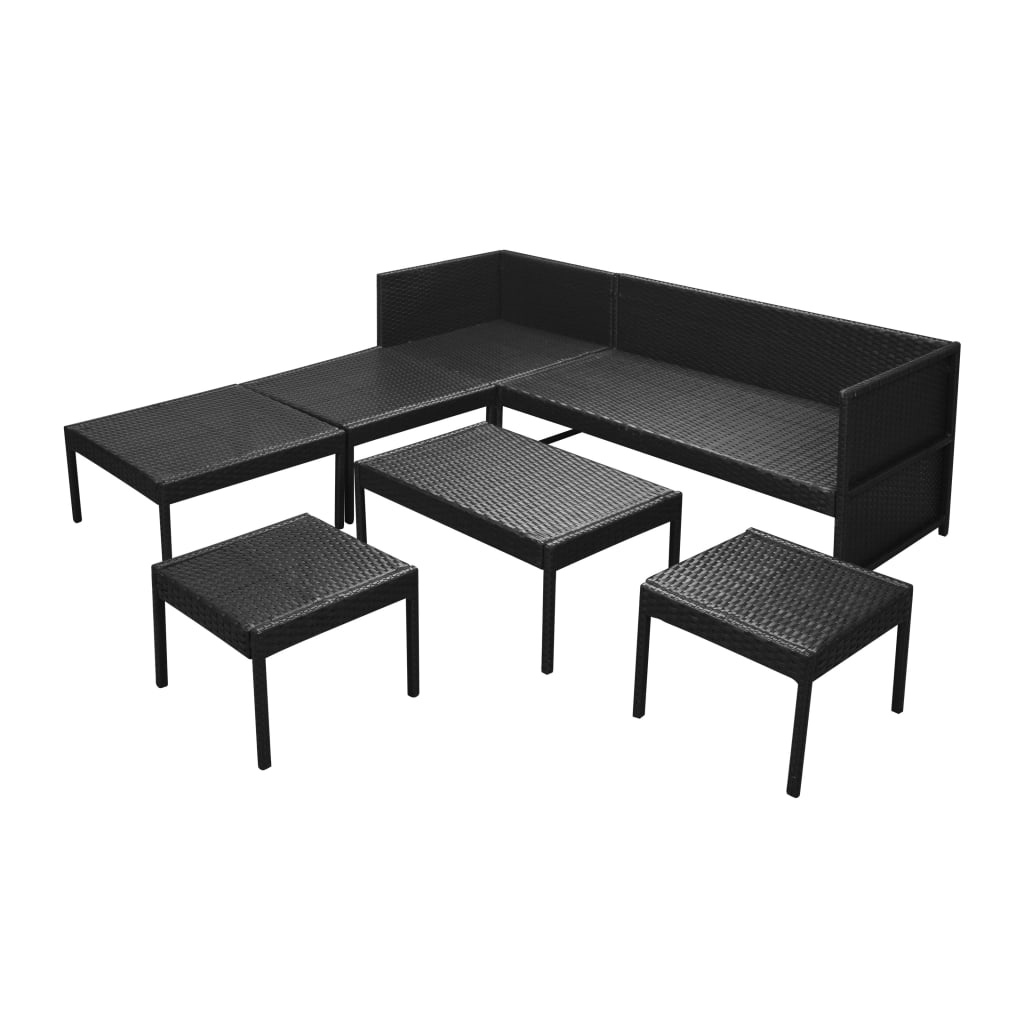 Garden furniture set with cushions, 6 pieces, black, polyrattan