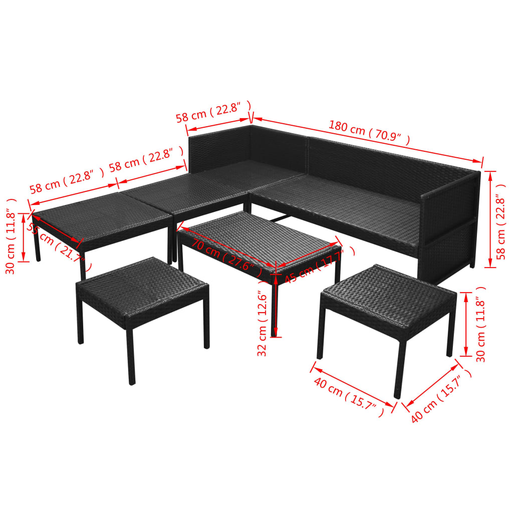 Set mobilier de grădină cu perne, 6 piese, negru, poliratan