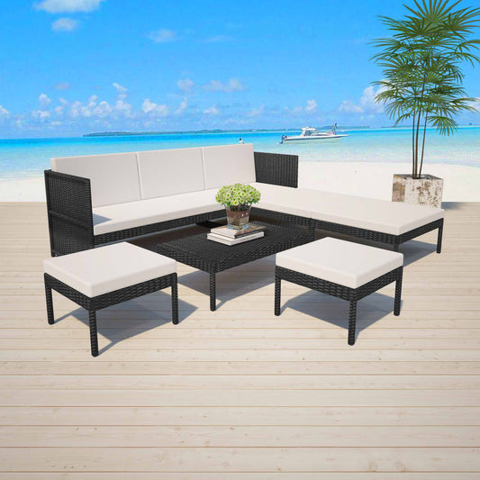 Garden furniture set with cushions, 6 pieces, black, polyrattan