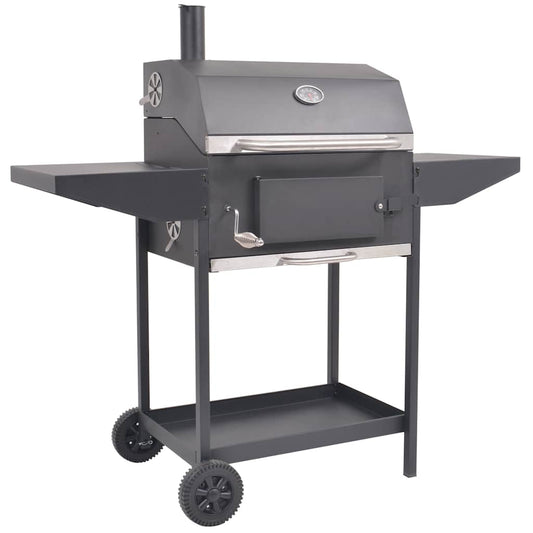 Charcoal barbecue grill, smoker and lower shelf, black