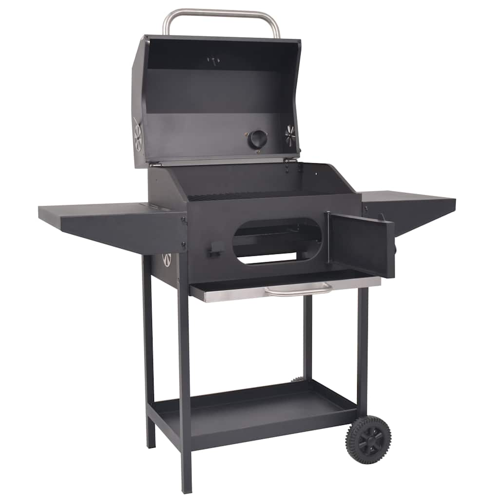 Charcoal barbecue grill, smoker and lower shelf, black