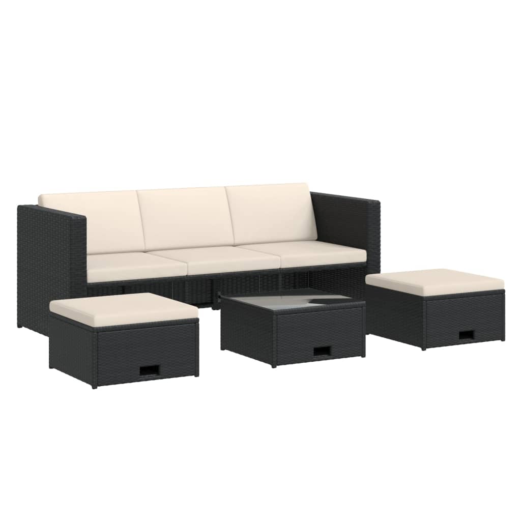 Set mobilier de grădină cu perne, 4 piese, negru, poliratan