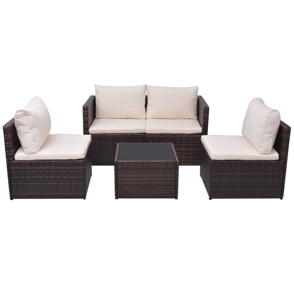 Garden furniture set with cushions, 5 pieces, brown, polyrattan