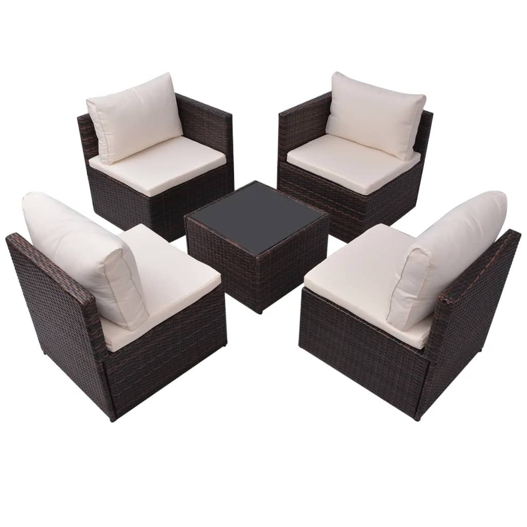 Garden furniture set with cushions, 5 pieces, brown, polyrattan