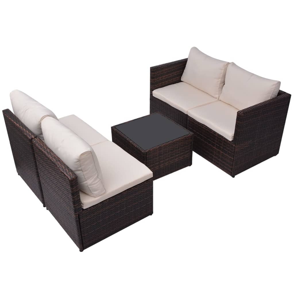 Garden furniture set with cushions, 5 pieces, brown, polyrattan