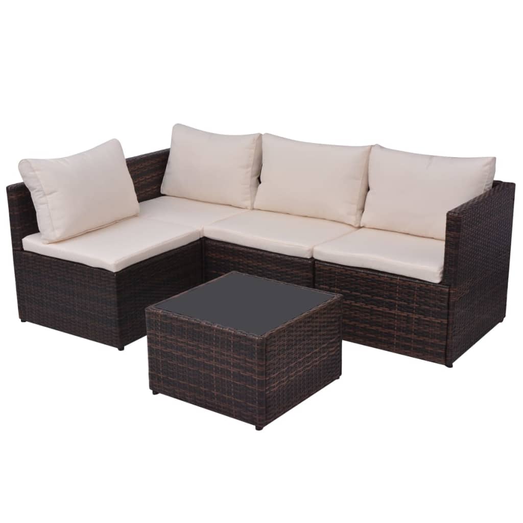 Garden furniture set with cushions, 5 pieces, brown, polyrattan