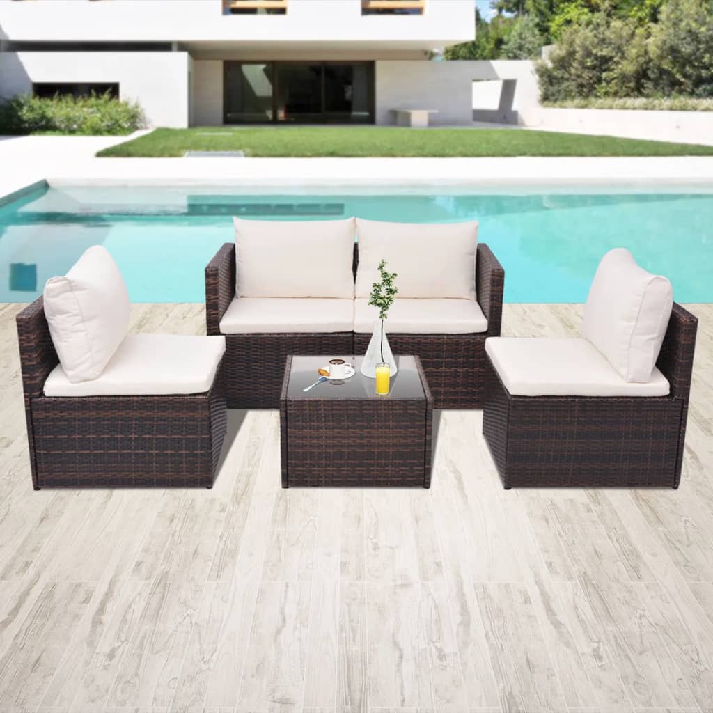 Garden furniture set with cushions, 5 pieces, brown, polyrattan