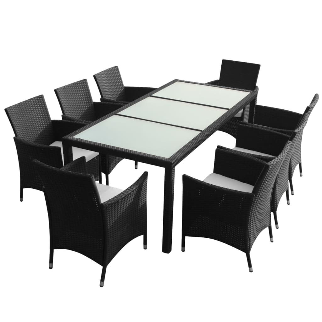 Set mobilier de exterior cu perne, 9 piese, negru, poliratan