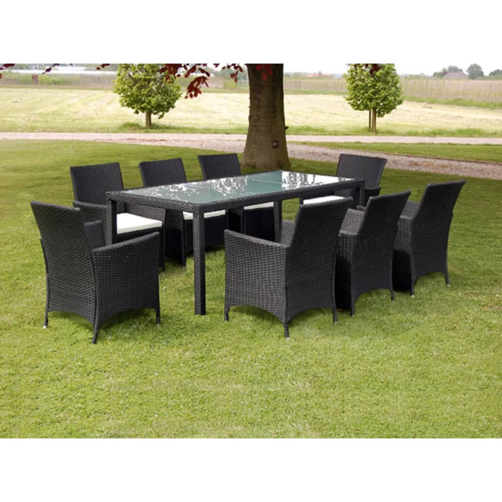 Set mobilier de exterior cu perne, 9 piese, negru, poliratan