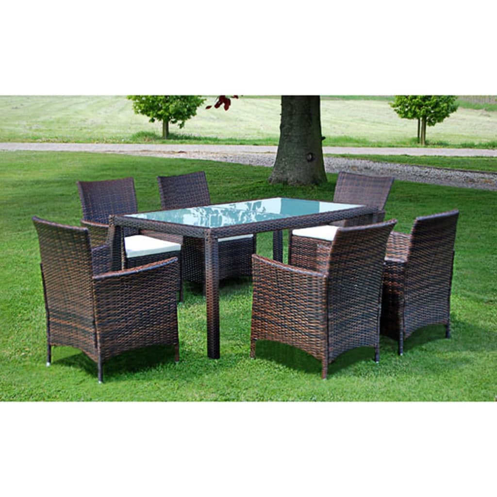 Outdoor furniture set with cushions, 7 pieces, brown, polyrattan