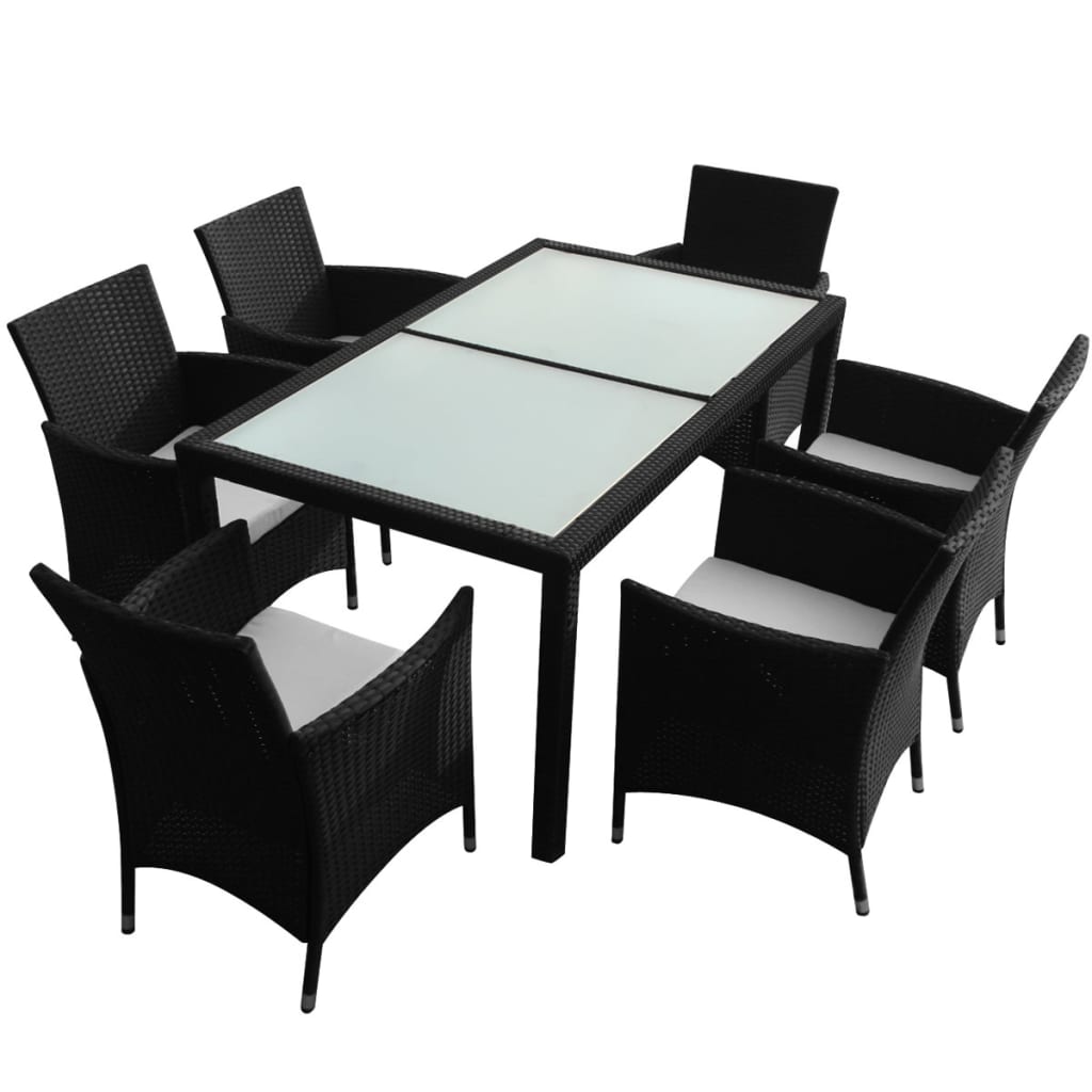 Set mobilier de exterior cu perne, 7 piese, negru, poliratan