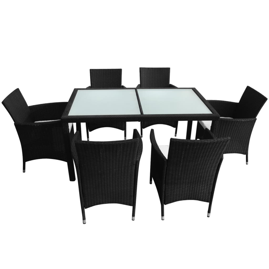 Outdoor furniture set with cushions, 7 pieces, black, polyrattan