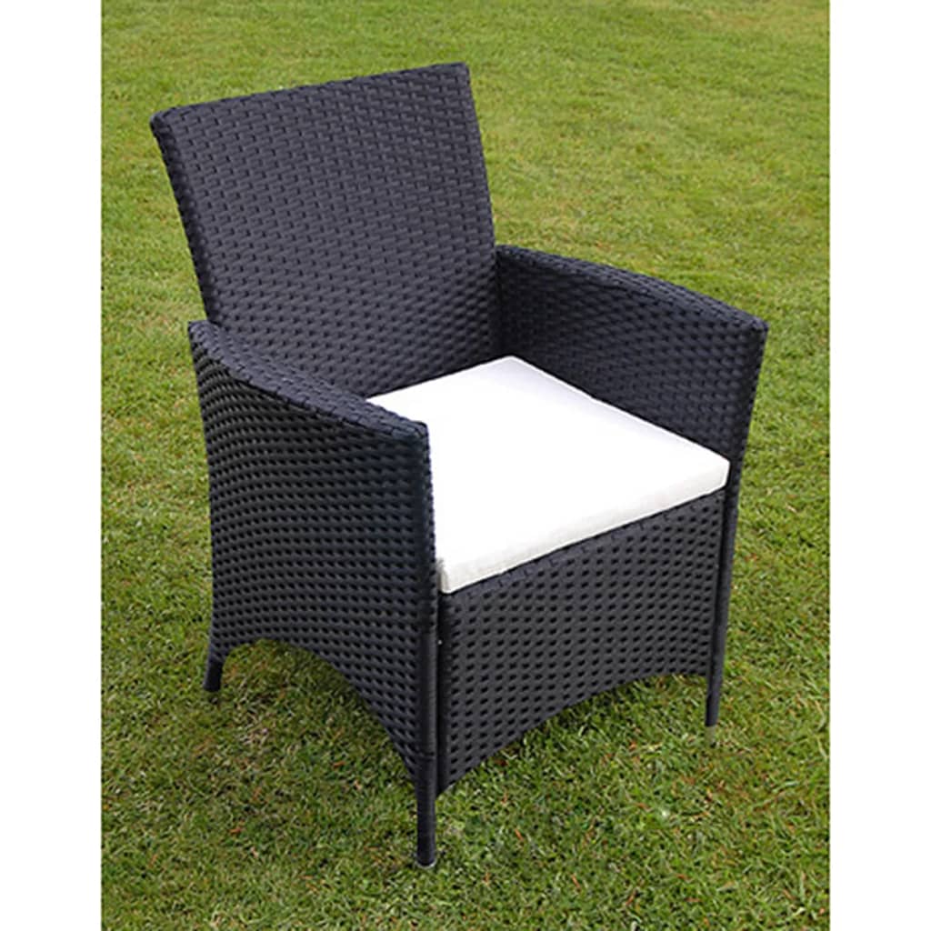 Outdoor furniture set with cushions, 7 pieces, black, polyrattan