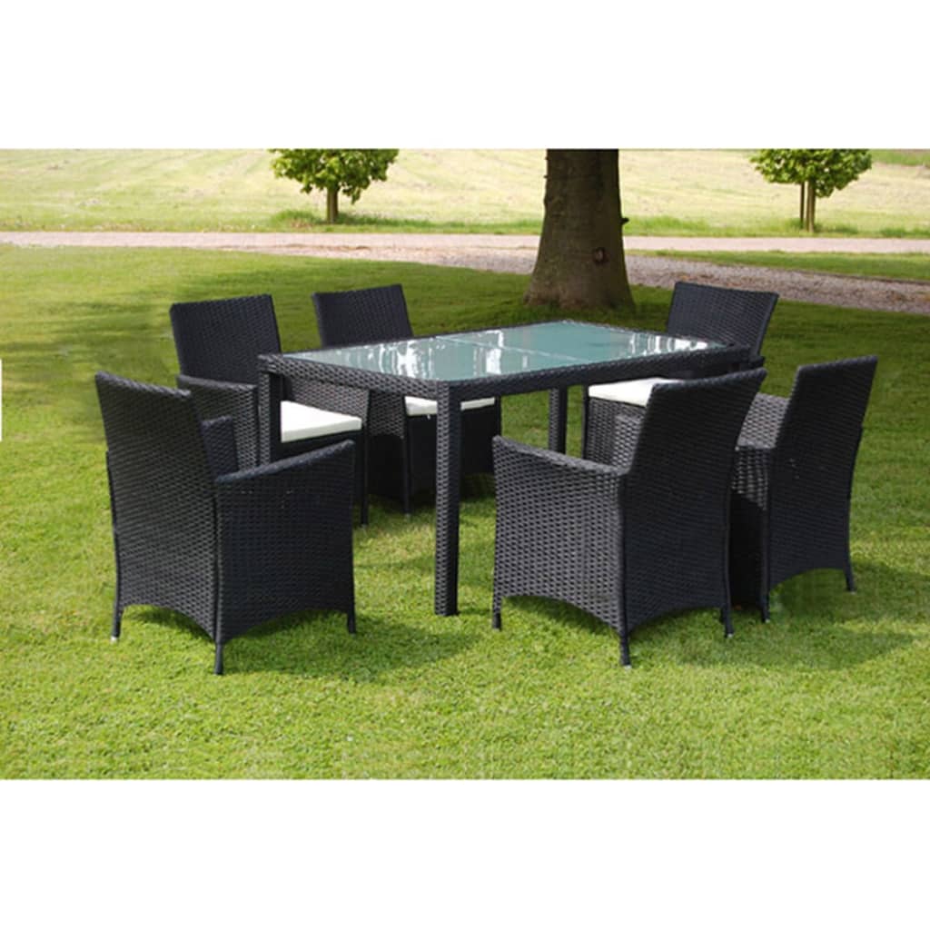 Outdoor furniture set with cushions, 7 pieces, black, polyrattan