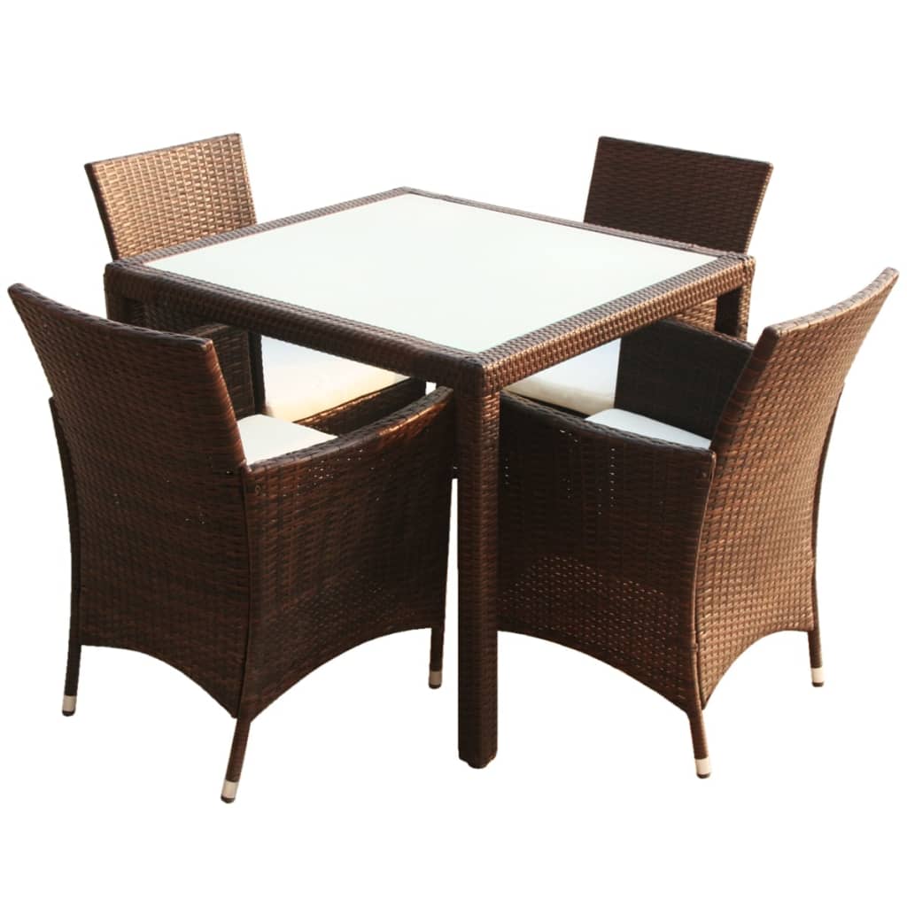 Outdoor furniture set with cushions, 5 pieces, brown, polyrattan