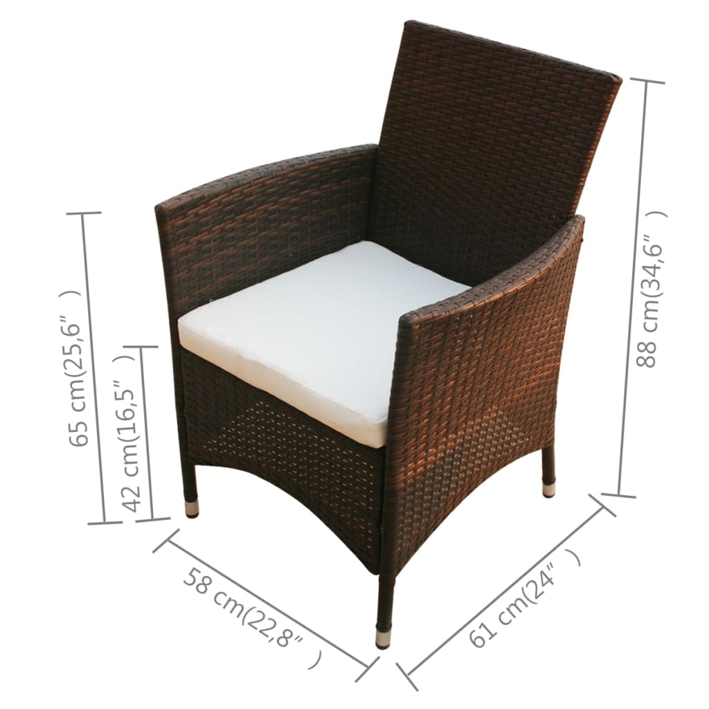 Outdoor furniture set with cushions, 5 pieces, brown, polyrattan