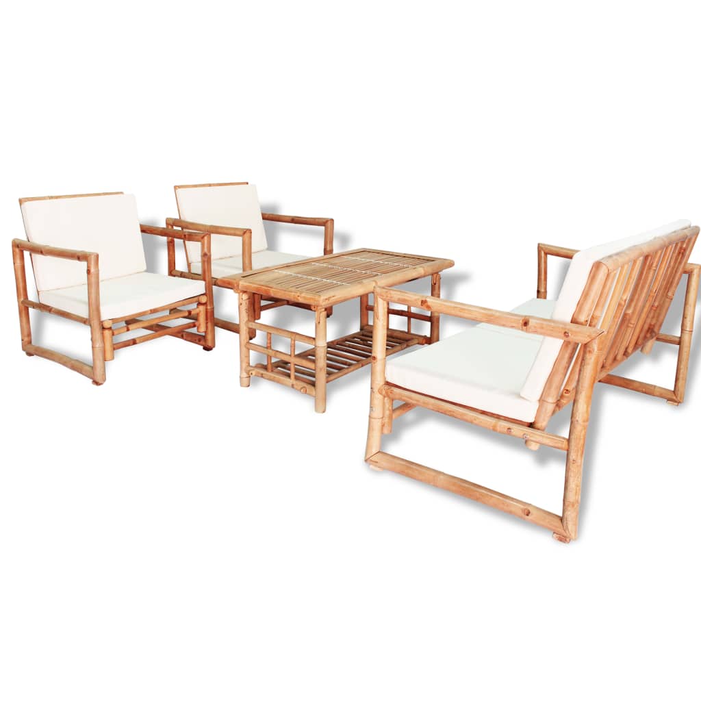 Garden furniture set with cushions, 4 pieces, bamboo