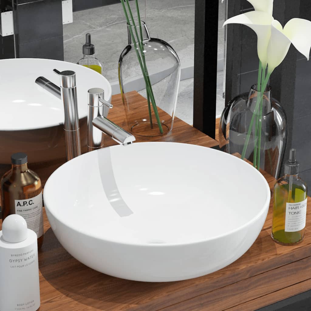 Ceramic bathroom sink, round, 41.5 x 13.5 cm, white