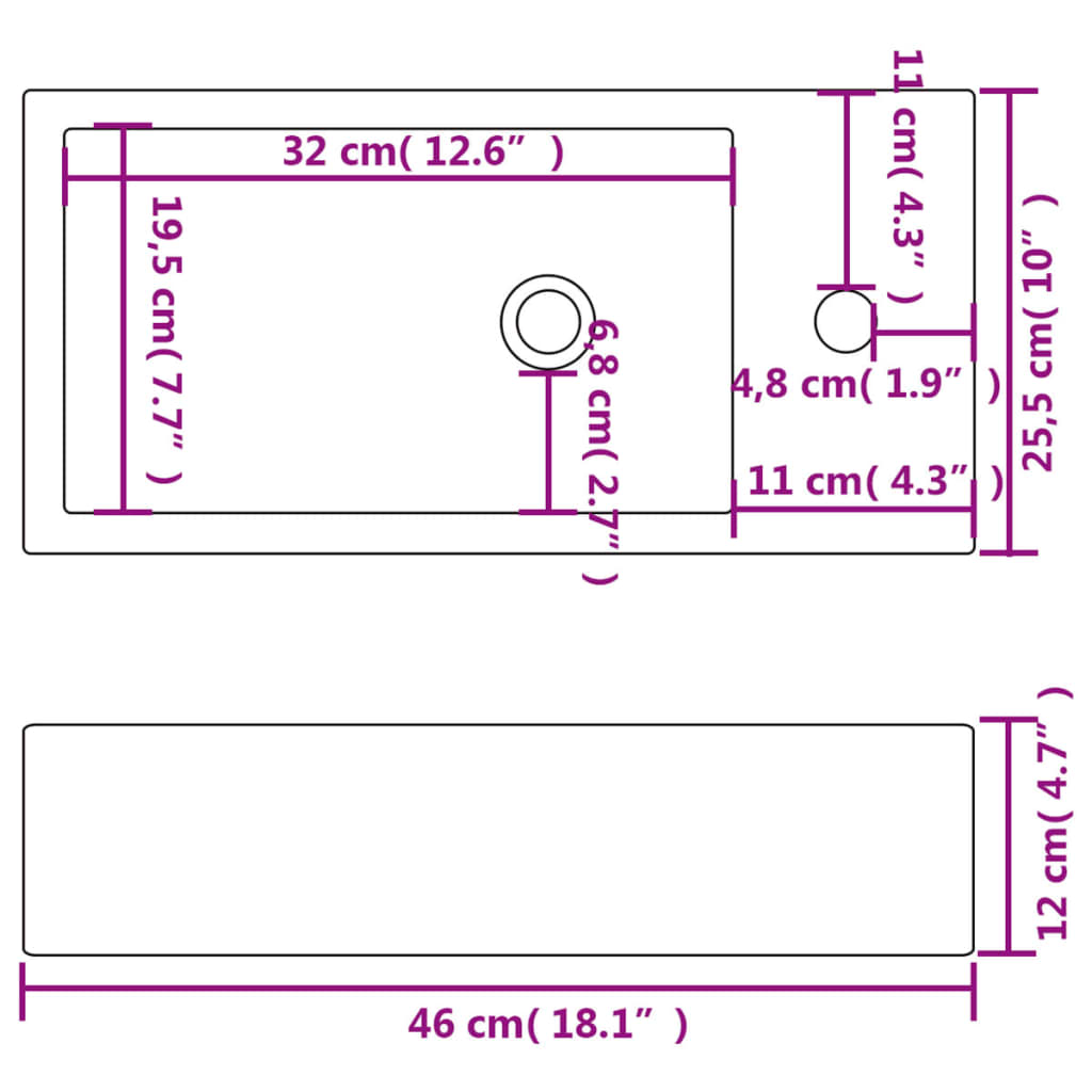 Rectangular ceramic sink with overflow 46x25.5x12 cm white