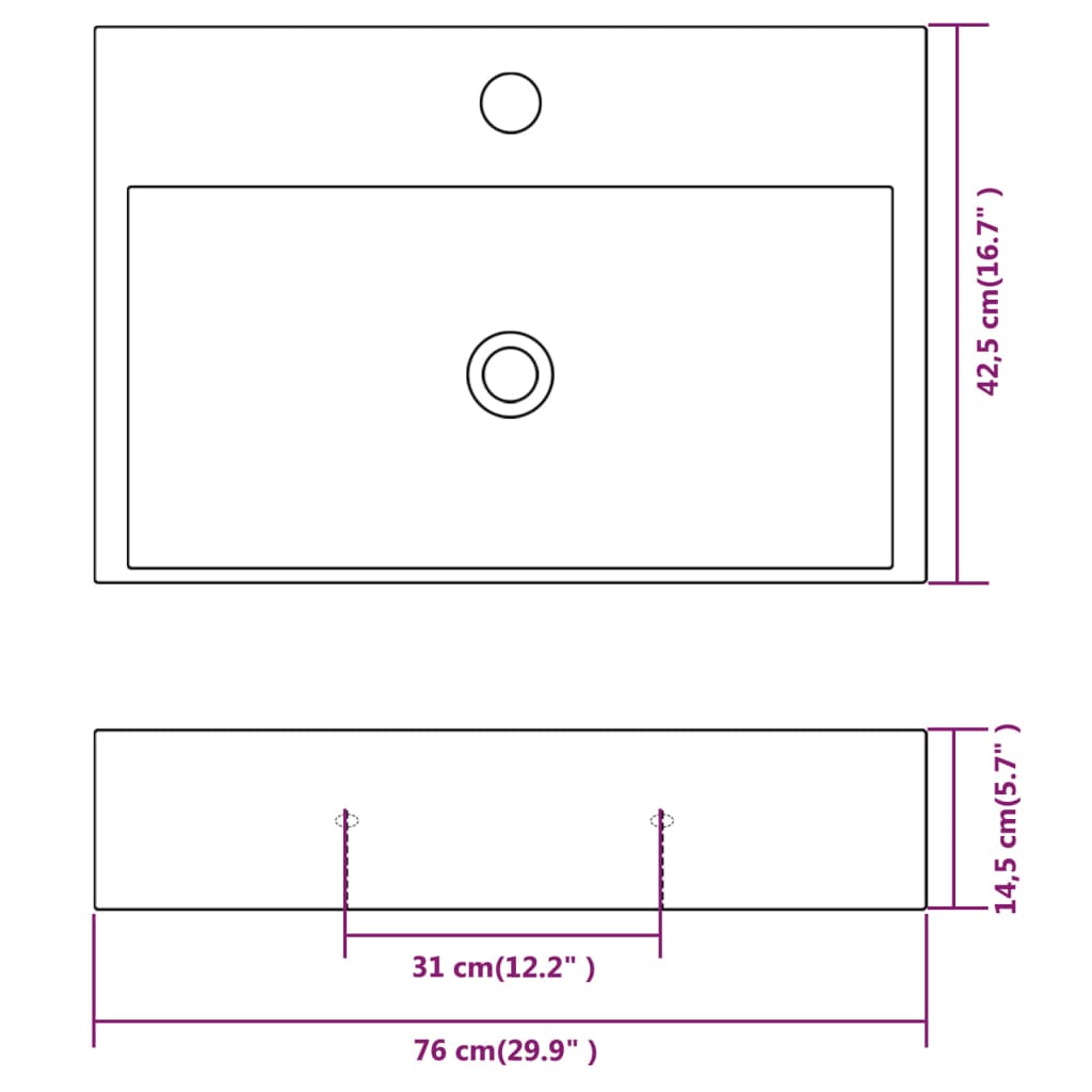 Bathroom sink, tap hole, ceramic, 76x42.5x14.5 cm, white