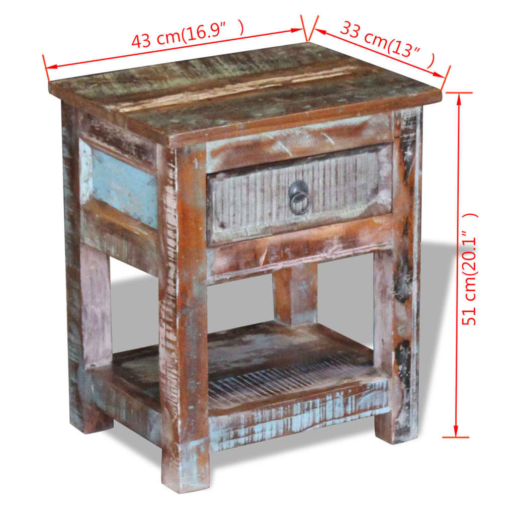 Side table with one drawer, 43x33x51 cm, solid recycled wood