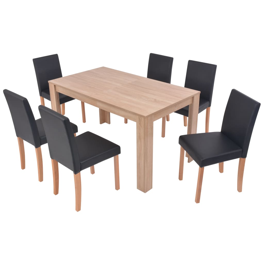 Table and chairs 7 pieces, artificial leather, oak, black