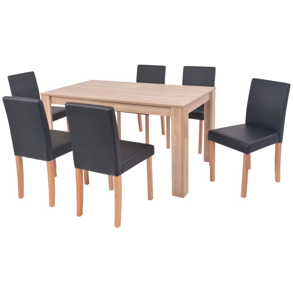 Table and chairs 7 pieces, artificial leather, oak, black