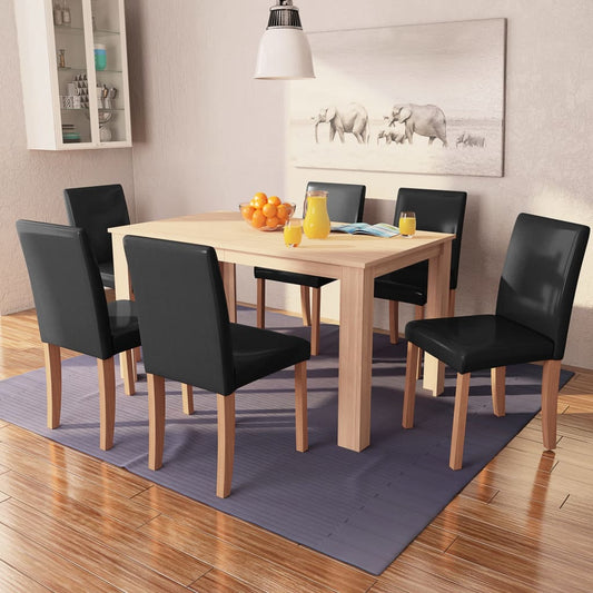 Table and chairs 7 pieces, artificial leather, oak, black