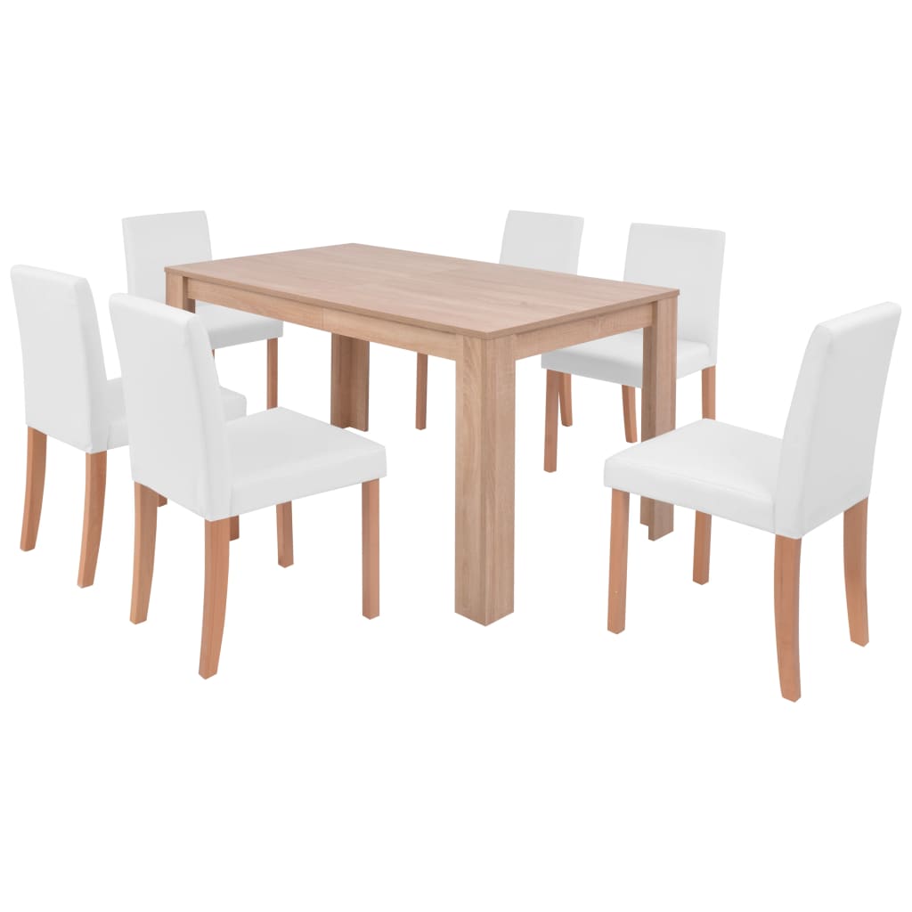 Table and chairs 7 pieces, artificial leather, oak, cream