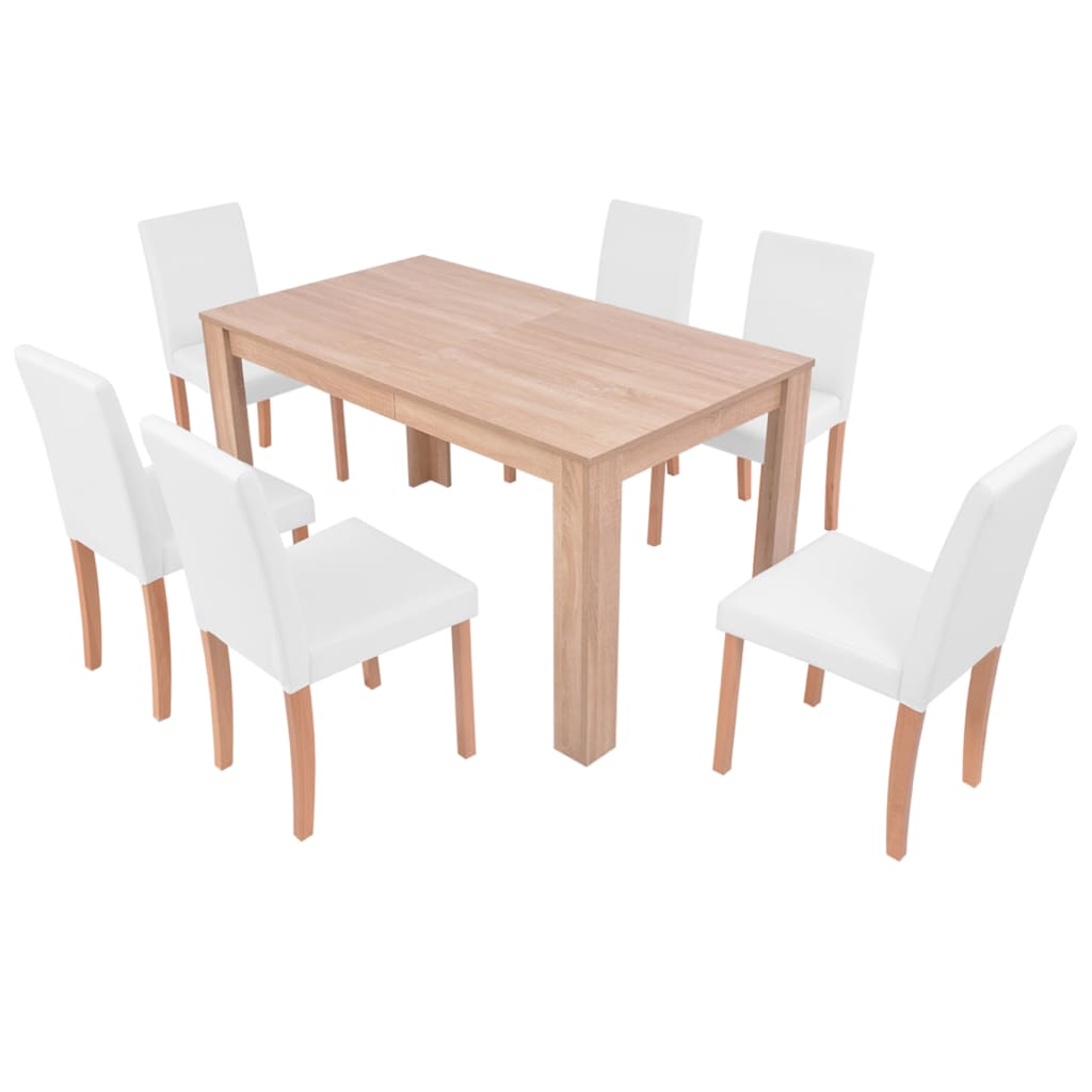 Table and chairs 7 pieces, artificial leather, oak, cream