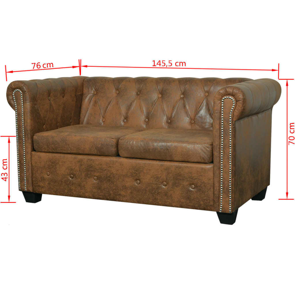 Chesterfield sofa, 2-seater, brown, eco-leather