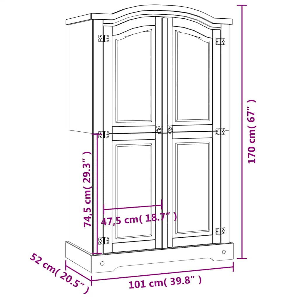 Mexican pine wardrobe with 2 doors, Corona collection