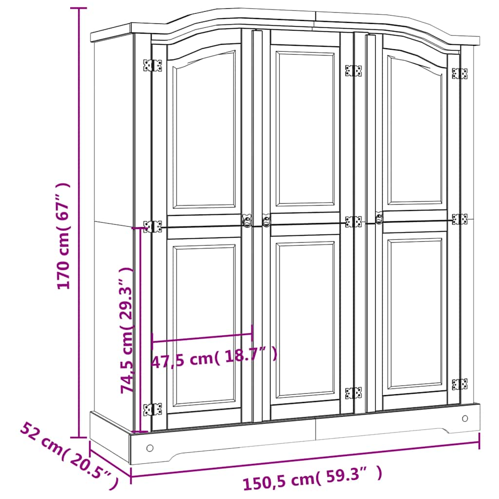 Mexican pine wardrobe with 3 doors, Corona collection