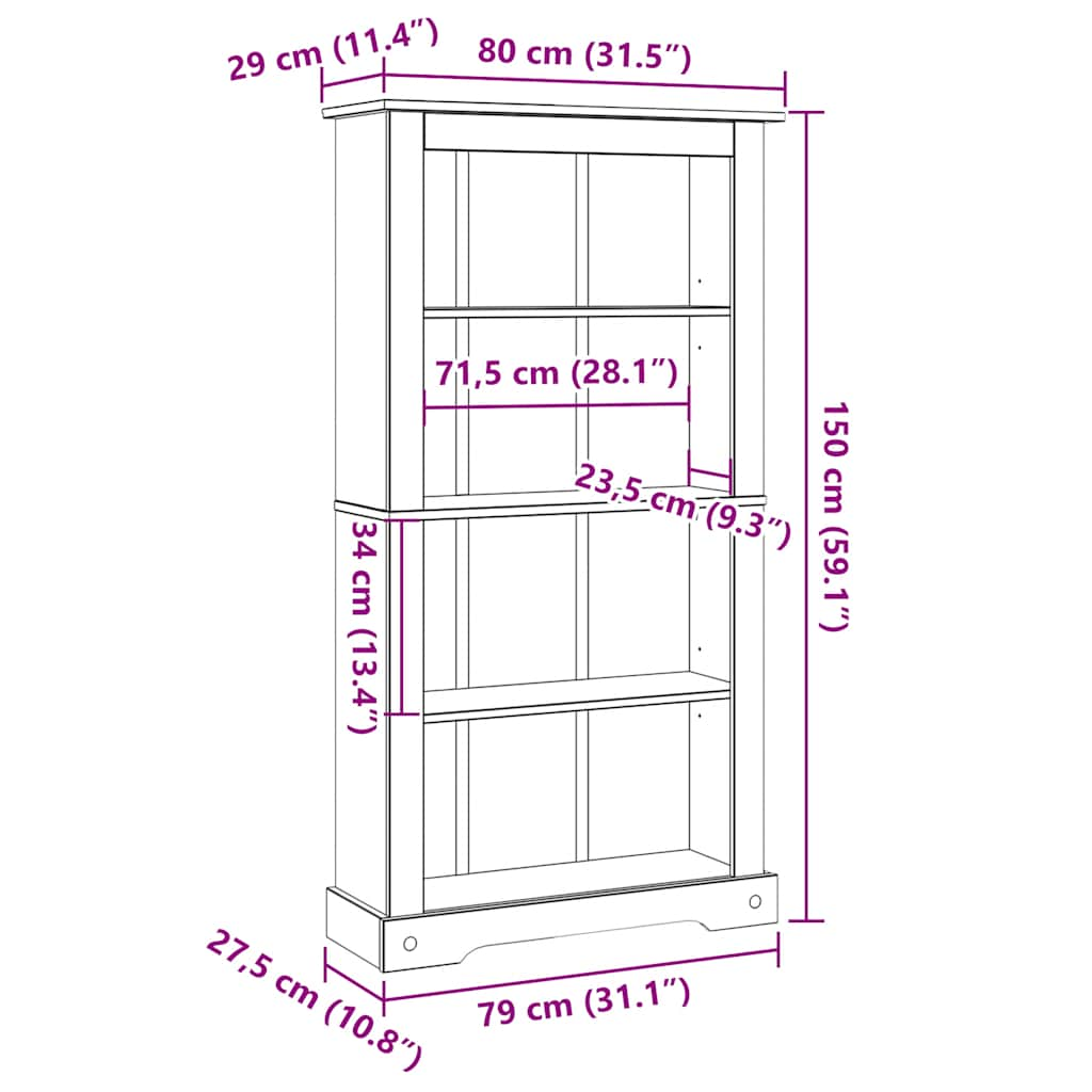 Bibliotecă 4 rafturi pin, stil mexican Corona 80x29x150 cm