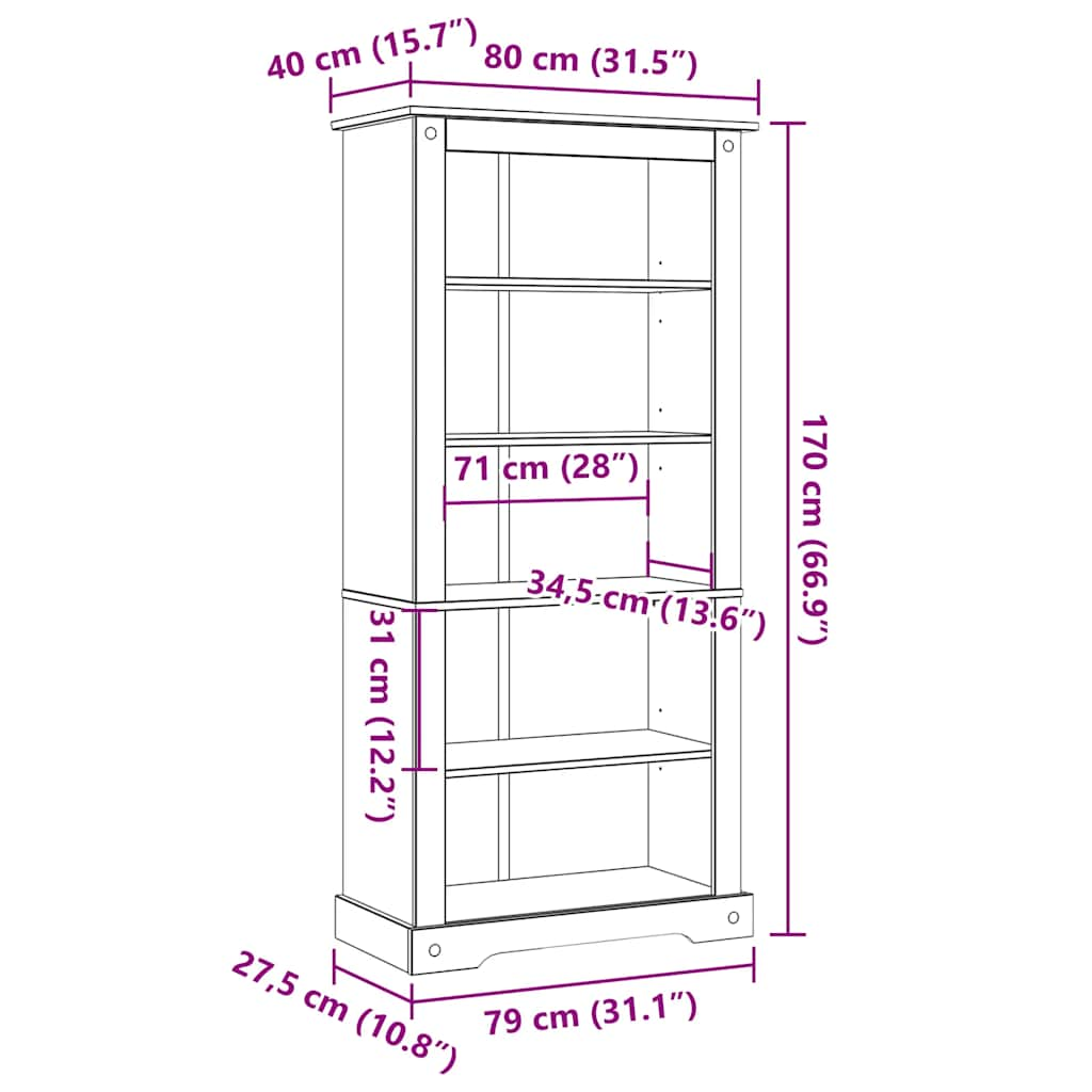 Bibliotecă 5 rafturi, 80x40x170 cm, pin mexican, stil Corona