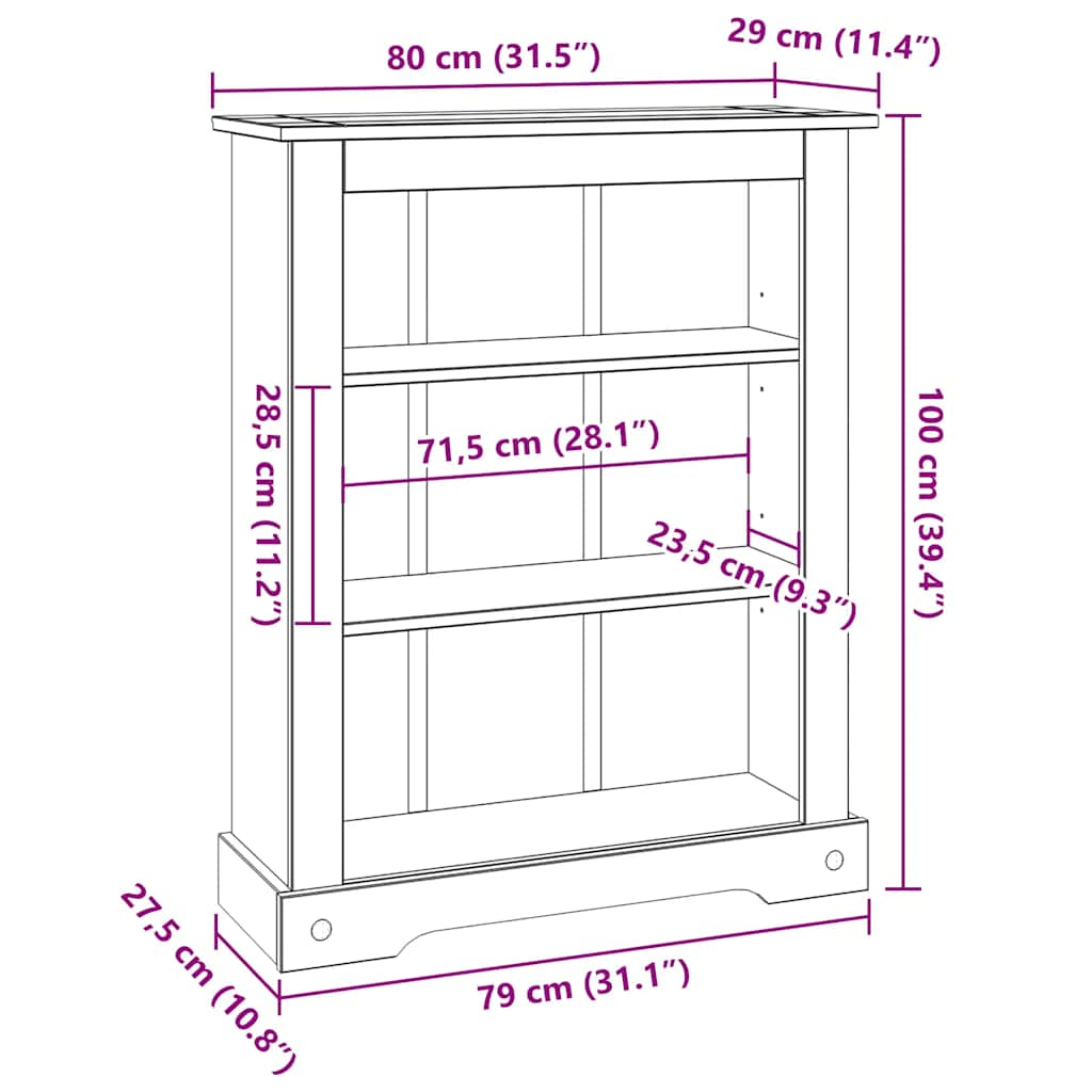 Bibliotecă 3 rafturi pin, stil mexican Corona, 80x29x100 cm