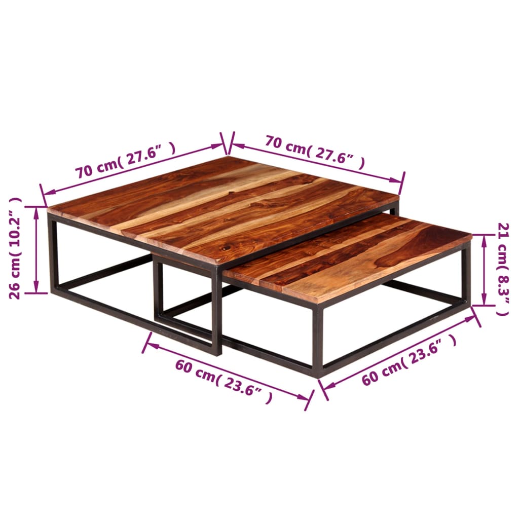 Set of 2 stackable coffee tables, solid sheesham wood