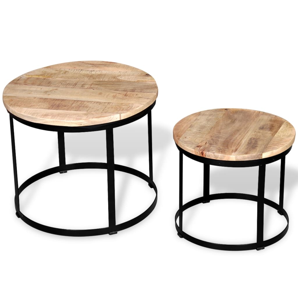 Round coffee table set, rough mango wood, 2 pcs, 40 cm/50 cm