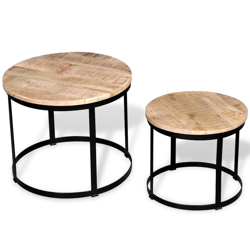 Round coffee table set, rough mango wood, 2 pcs, 40 cm/50 cm