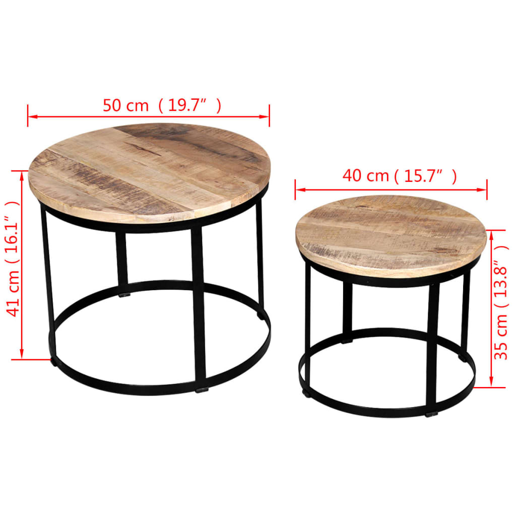 Round coffee table set, rough mango wood, 2 pcs, 40 cm/50 cm